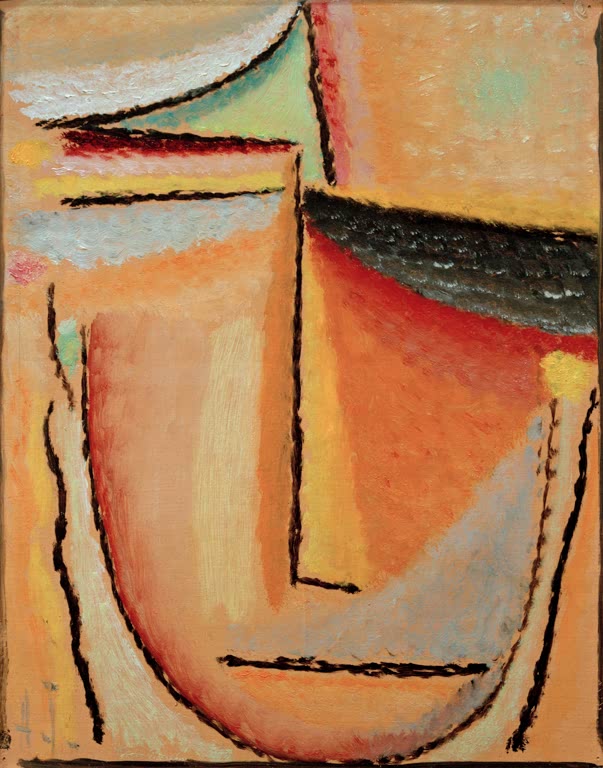 Gesicht in Orange, Rosa und Gelb mit schwarzer Linie – Alexej von Jawlensky Abstrakter Kopf Kunstkopie