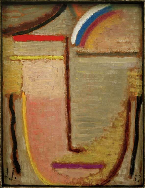 Gesicht in Rosa und Grau mit Regenbogen über dem Auge – Alexej von Jawlensky Abstrakter Kopf Kunstkopie