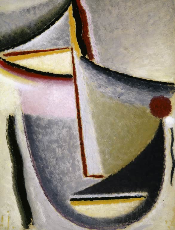 Abstraktes Gesicht aus Grau-, Weiß- und Schwarzflächen mit rotem Punkt – Alexej von Jawlensky Abstrakter Kopf Kunstkopie