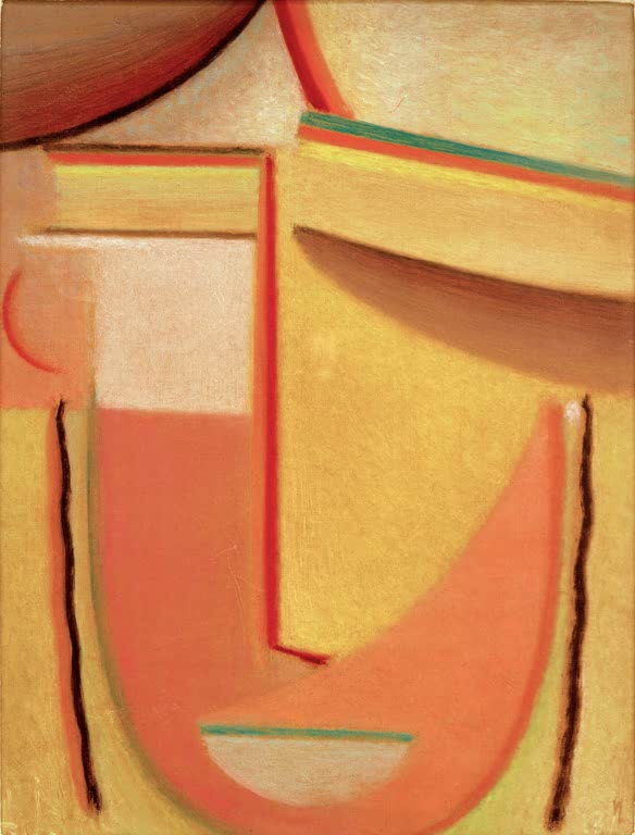 Abstraktes Gesicht in Gelb, Orange und Rosa – Alexej von Jawlensky Abstrakter Kopf Kunstkopie