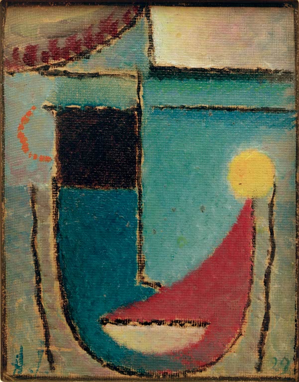 Gesicht aus Blau- und Türkisflächen mit gelber Sonne und rotem Dreieck – Alexej von Jawlensky Abstrakter Kopf Kunstkopie