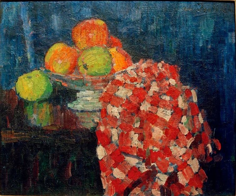 Alexej von Jawlensky Äpfelstillleben mit bunter Decke Kunstkopie: Apfelschale neben rot-weiß kariertem Tuch vor Blau