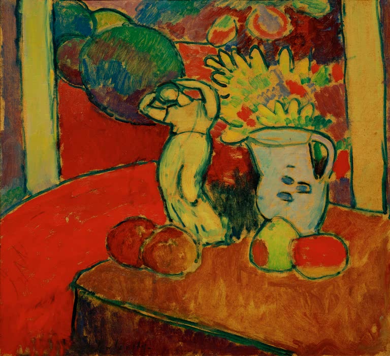 Alexej von Jawlensky Äpfelstillleben mit violettem Krug Kunstkopie: Äpfel, Krug und Figur auf rotem Tisch vor Fenster