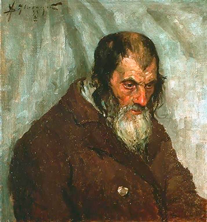Alter Mann mit Bart in braunem Mantel vor hellem Tuch – Alexej von Jawlensky Alter Jude Kunstkopie