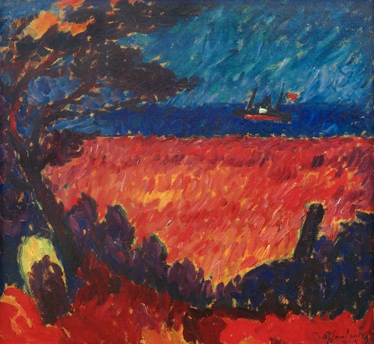 Alexej von Jawlensky An der Ostsee Kunstkopie, rotes Blumenfeld vor blauem Meer mit kleinem Dampfer am Horizont