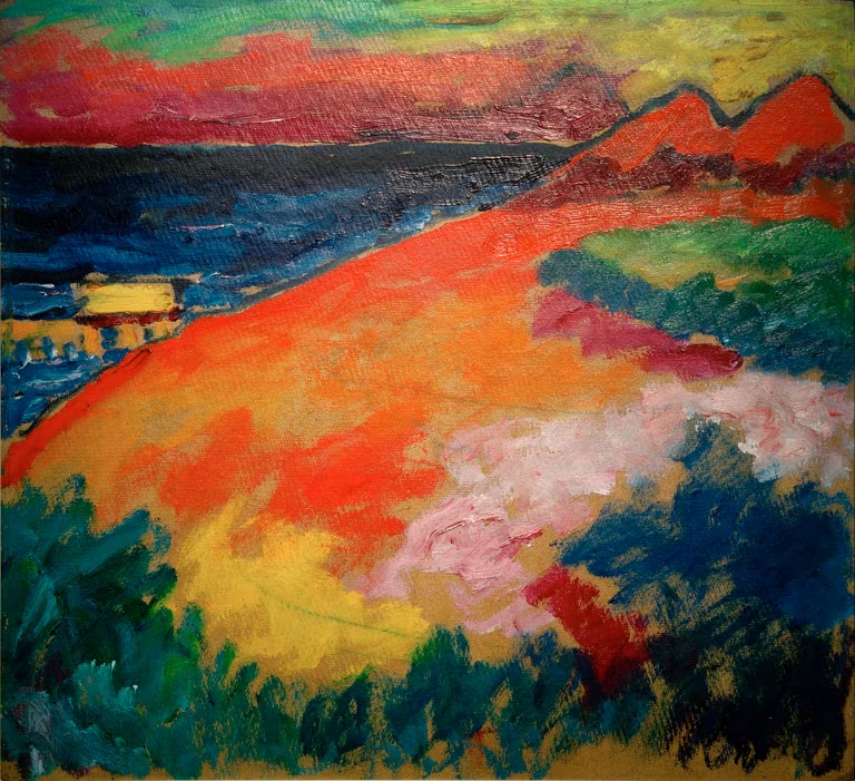 Orange und gelbe Düne vor blauem Meer und rotem Himmel – Alexej von Jawlensky An der Ostsee Kunstkopie