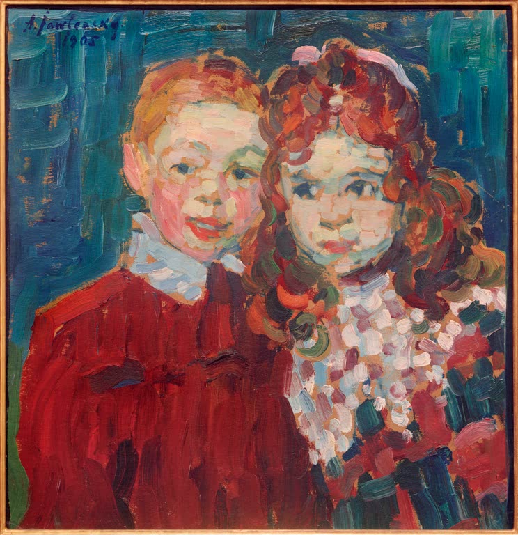Zwei Kinder: Junge in Rot, Mädchen mit roten Locken, vor blauem Grund – Alexej von Jawlensky André und Katja Kunstkopie