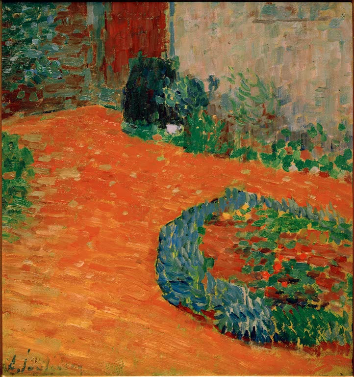 Orangefarbener Gartenweg mit blauem Beet vor Mauer und Büschen – Alexej von Jawlensky Andreas Garten Kunstkopie