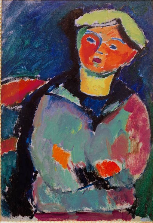 Alexej von Jawlensky Andreas sitzend Kunstkopie: Kind mit hellgelber Mütze und verschränkten Armen vor Dunkelblau