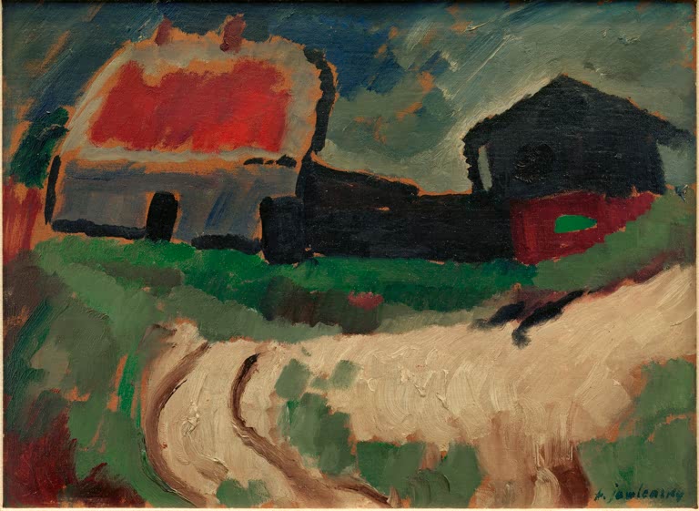 Rotes Haus und dunkle Scheune an hellem Weg unter bewölktem Himmel – Alexej von Jawlensky Auf dem Darss Kunstkopie