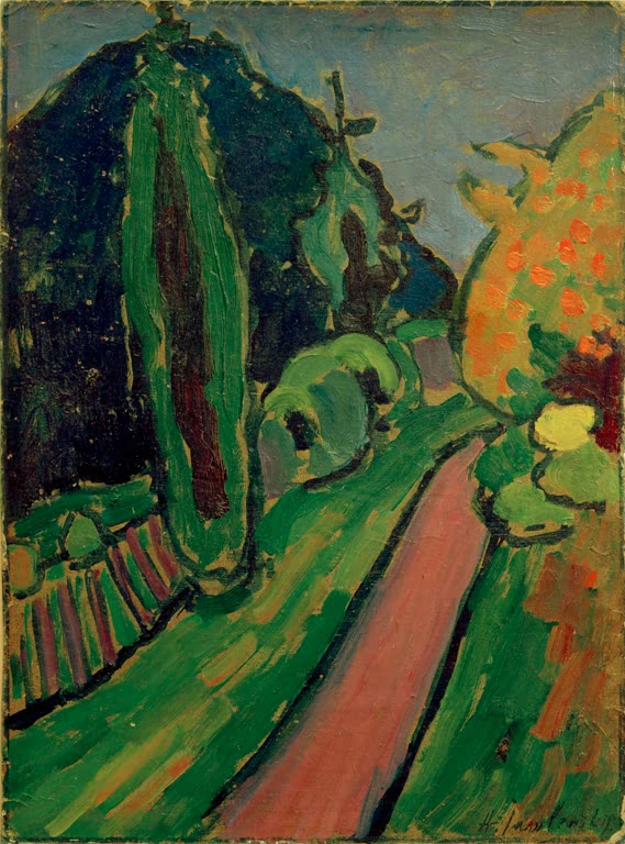 Grüner Weg führt an Bäumen vorbei zu dunkler Anhöhe – Alexej von Jawlensky Aufsteigender Weg in den Abend Kunstkopie