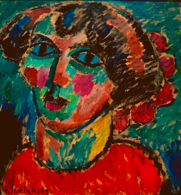 Alexej von Jawlensky Bacchantin Kunstkopie – Frau mit Locken, roten Blüten im Haar und rotem Oberteil