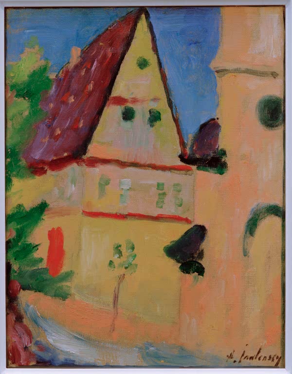 Gelbliches Haus mit rotem Dach in Rosa- und Blautönen – Alexej von Jawlensky Bad Wörishofen Kunstkopie