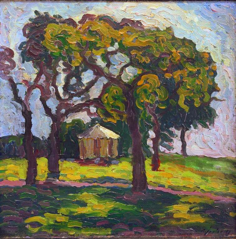 Alexej von Jawlensky Bäume auf der Wiese Kunstkopie: Gruppe geschwungener Bäume mit Pavillon auf sonniger Wiese