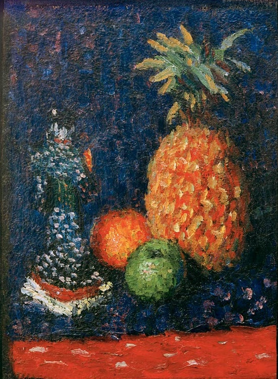 Alexej von Jawlensky Bagatelles Kunstkopie, Stillleben mit Ananas, Orange und Apfel auf rotem Tuch vor Blau