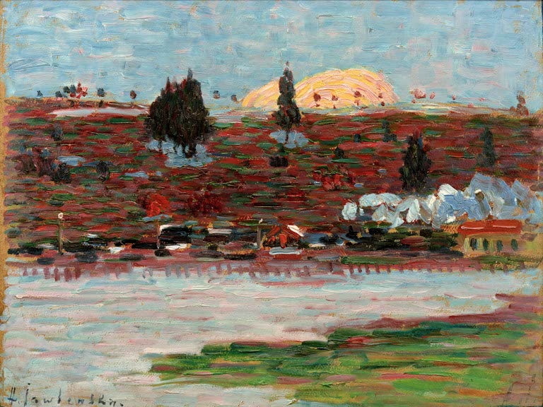 Flusslandschaft mit rötlichem Ufer, Bäumen und Häusern – Alexej von Jawlensky Bahnhof – Füssen im März Kunstkopie