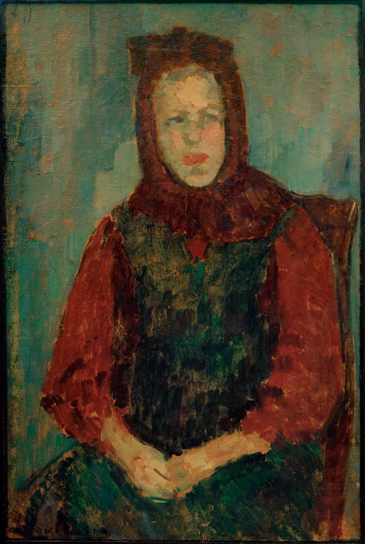 Sitzende Frau mit Kopftuch, roter Bluse und dunkler Schürze – Alexej von Jawlensky Bauernmädchen mit Haube Kunstkopie