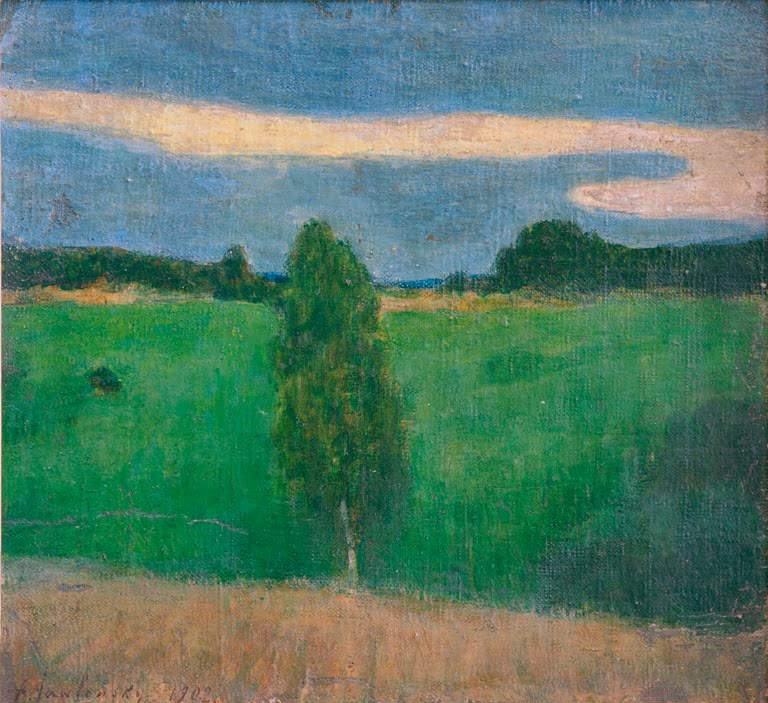 Grüne Wiese mit einzelner Birke unter blauem Wolkenhimmel – Alexej von Jawlensky Bei Ansbaki Kunstkopie