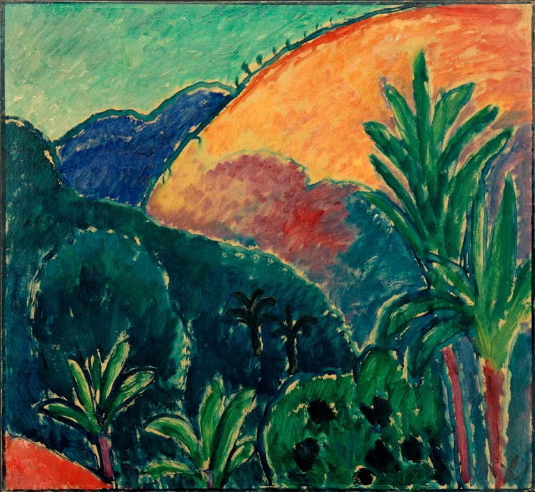 Alexej von Jawlensky Berge und Palmen Kunstkopie – Grüne Hügel, Palmen und orangefarbener Berg unter grünem Himmel