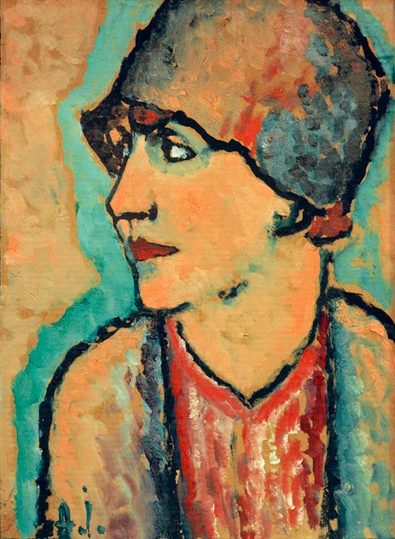 Frau im Profil mit Hut und Brille, rot gemustertes Kleid – Alexej von Jawlensky Bildnis Frau Kirchhoff Kunstkopie