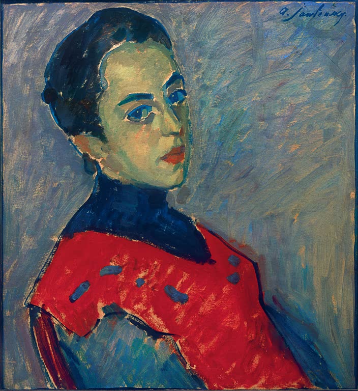 Frau mit dunklem Haar, blauen Augen und rotem Oberteil vor grauem Grund – Alexej von Jawlensky Bildnis Resi Kunstkopie