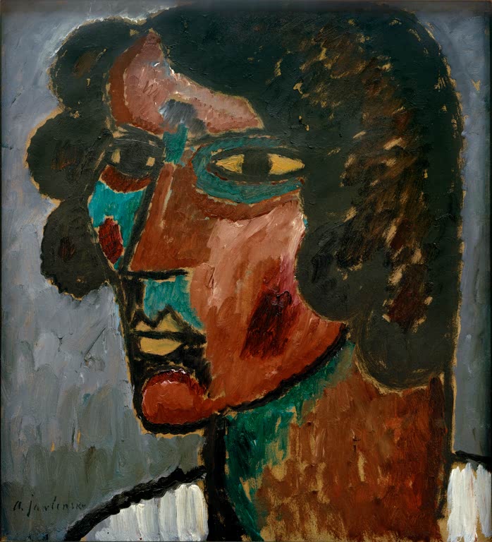 Alexej von Jawlensky Bildnis Sacharoff Kunstkopie: Dunkelhaariger Kopf mit grünen Konturen und gelben Augen vor grauem Grund