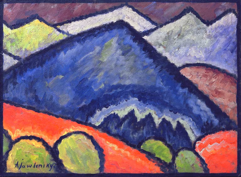 Alexej von Jawlensky Blaue Berge Kunstkopie – Blauer Berg mit weißen Gipfeln über rotem Hang und grünen Büschen