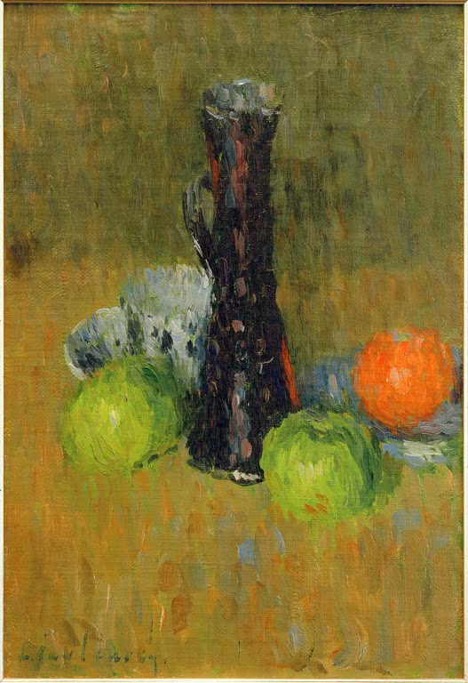 Alexej von Jawlensky Blaue Kanne mit grünen Äpfeln Kunstkopie – Dunkle Kanne, Tasse und grüne Äpfel vor olivgrünem Grund