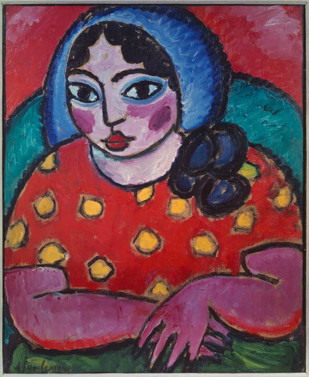 Frau mit blauem Kopftuch und rotem Kleid mit gelben Punkten – Alexej von Jawlensky Blaue Kappe Kunstkopie