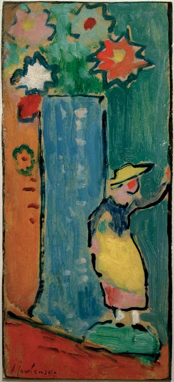 Blaue Vase mit Blumen und kleine Figur mit gelbem Hut – Alexej von Jawlensky Blaue Vase mit Biedermeierfigürchen Kunstkopie