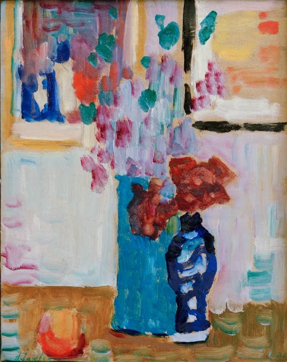 Alexej von Jawlensky Blaue Vase Kunstkopie – Blaue Vase mit Blumen und kleine Vase vor hellem Fenster