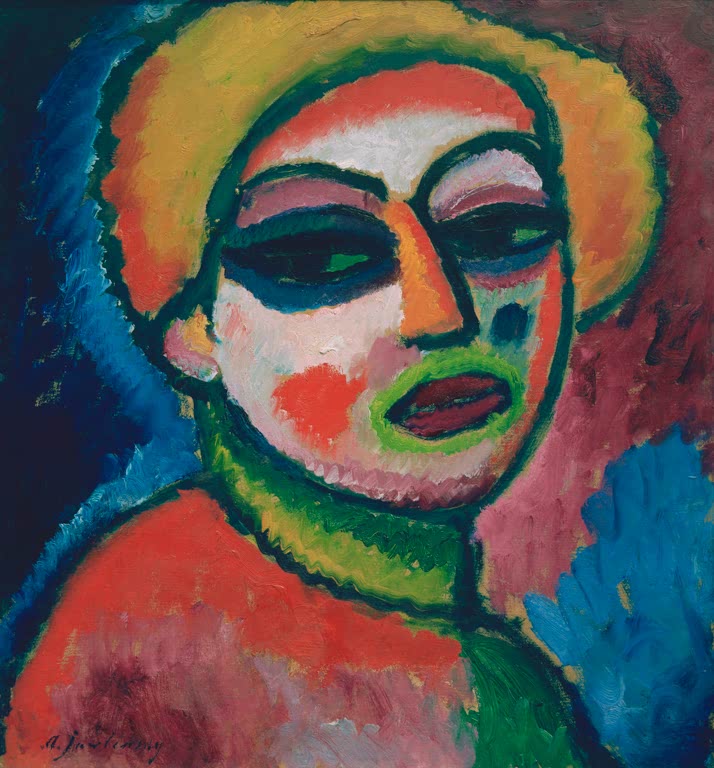 Frau mit gelbem Haar, dunklen Augen und grünen Lippen vor farbigem Grund – Alexej von Jawlensky Blonde Kunstkopie