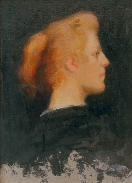 Alexej von Jawlensky Blondine Kunstkopie – Frau mit rötlichblondem Haar im Profil vor dunklem Hintergrund