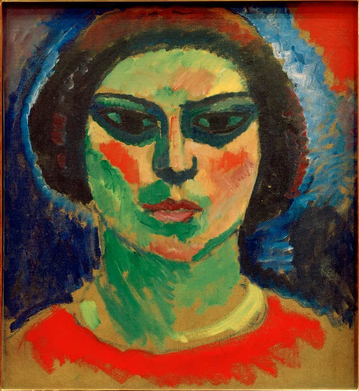 Mädchen mit grünem Gesicht, dunklem Haar und rotem Kleid vor blauem Grund – Alexej von Jawlensky Blühendes Mädchen Kunstkopie