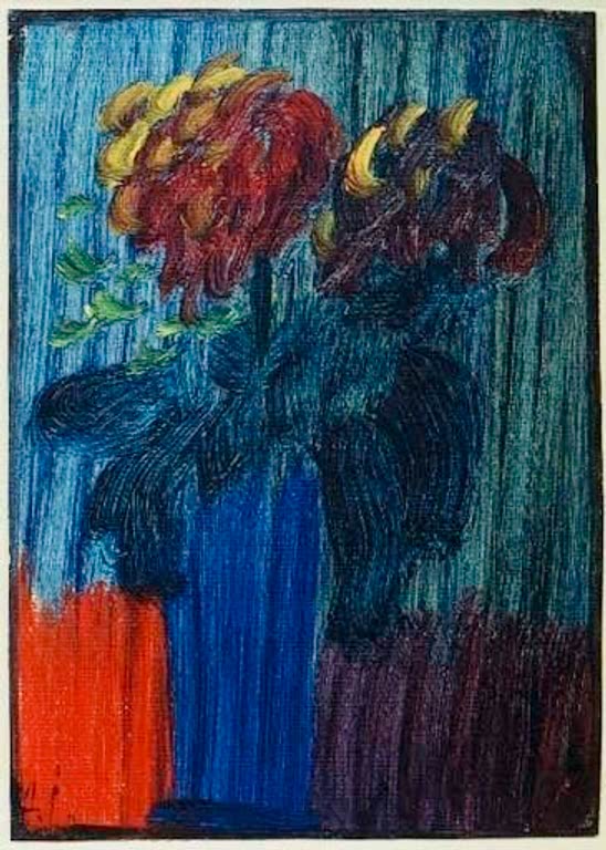 Rote und violette Blumen in blauer Vase vor blauem Grund – Alexej von Jawlensky Blumen in blauer Vase Kunstkopie
