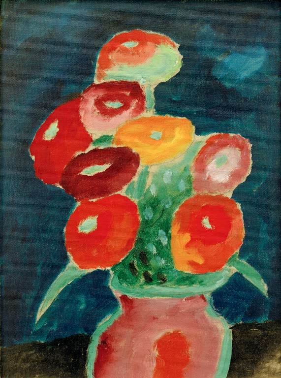 Alexej von Jawlensky Blumen in einer Vase Kunstkopie: Rote und orange Blüten in rosa Vase vor dunkelblauem Hintergrund