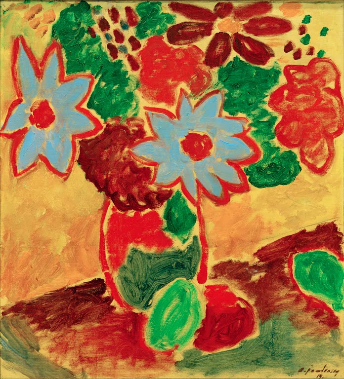 Rote und blaue Blüten in Vase auf gelbem Grund – Alexej von Jawlensky Blumenstilleben Kunstkopie