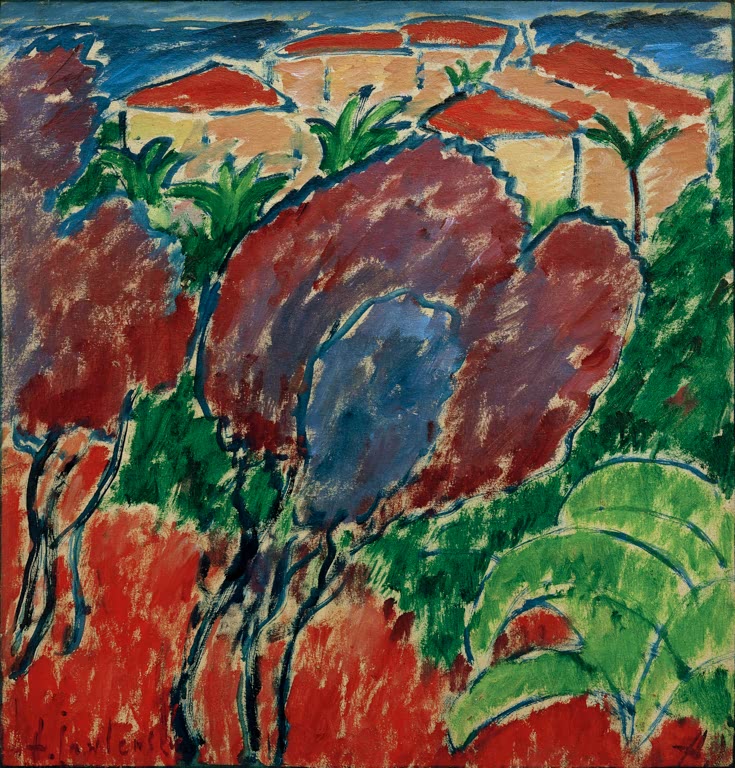 Rote Dächer, Palmen und Bäume in Blau, Violett und Rot – Alexej von Jawlensky Bordighera Kunstkopie