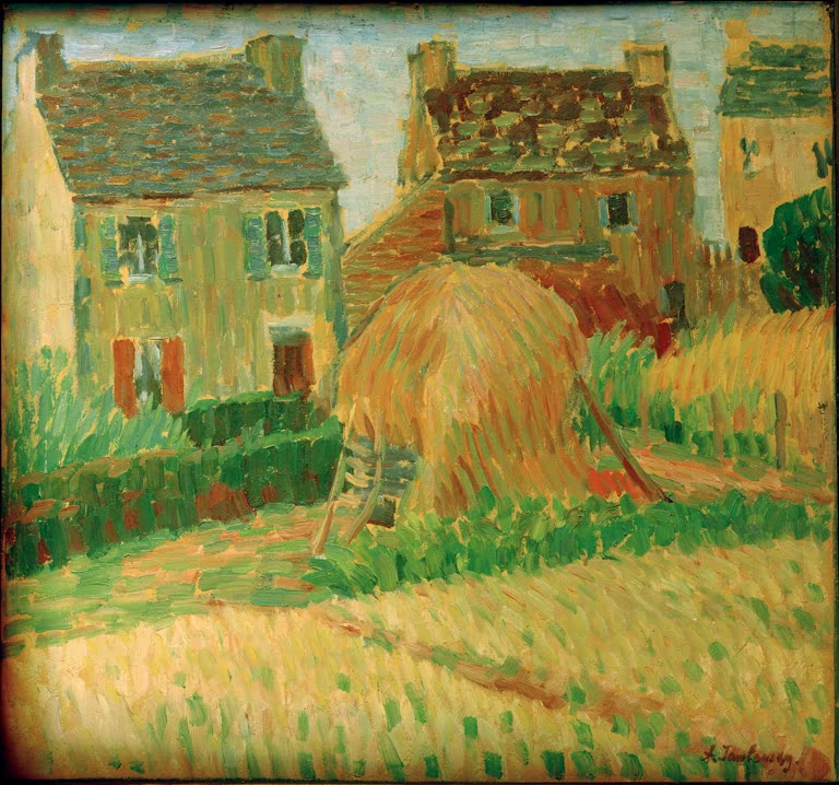 Alexej von Jawlensky Bretonische Häuser mit Heuhaufen Kunstkopie: Steinhäuser und Heuhaufen auf sonniger Wiese