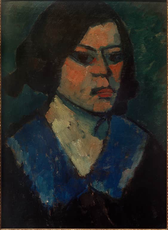 Frau mit dunklem Haar und blauer Jacke vor Dunkelgrün – Alexej von Jawlensky Bretonisches Mädchen Kunstkopie