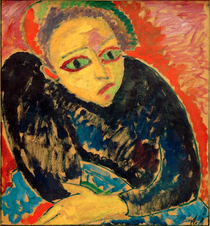 Alexej von Jawlensky Bucklige Fischersfrau Kunstkopie – Gebeugte Frau in dunkler Jacke mit gelbem Gesicht vor rotem Grund