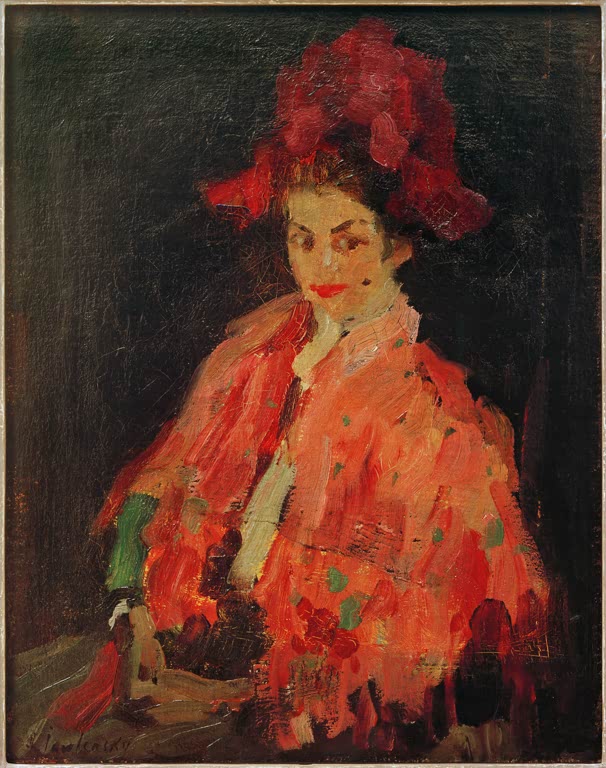 Frau mit rotem Federhut und orangem Umhang vor dunklem Grund – Alexej von Jawlensky Carneval Kunstkopie