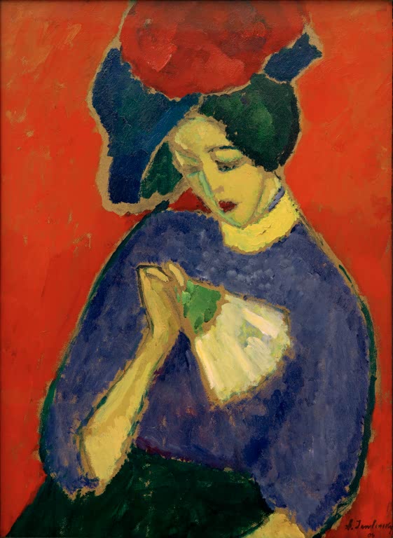 Sitzende Frau in blauer Bluse mit Hut und Fächer vor rotem Grund – Alexej von Jawlensky Dame mit Fächer Kunstkopie