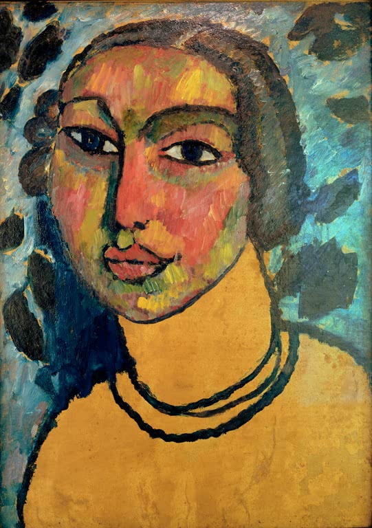 Frau mit dunklem Haar, Halsketten und gelbem Kleid, blaues Muster – Alexej von Jawlensky Das jüdische Mädchen Kunstkopie