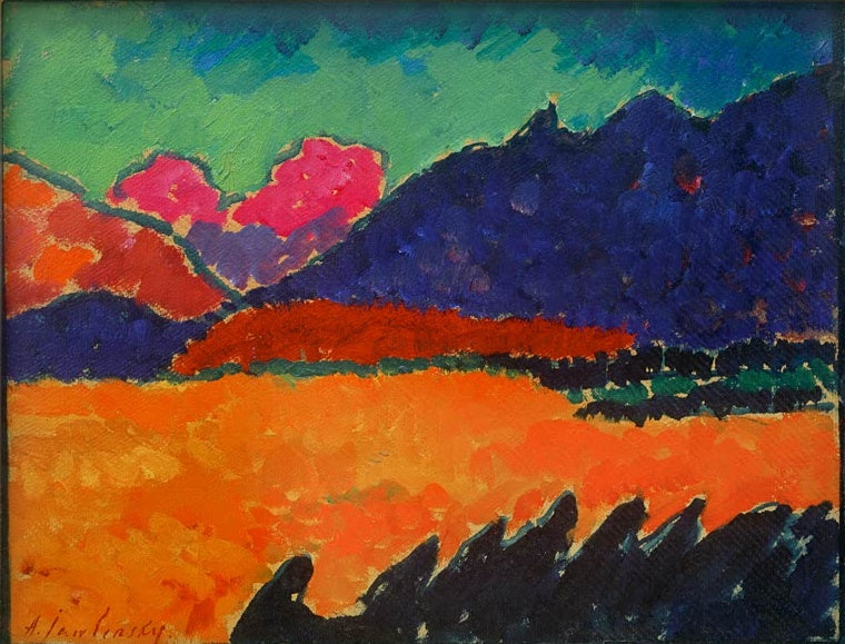 Alexej von Jawlensky Das Tal Murnau Kunstkopie, orangefarbenes Tal zwischen blauvioletten Bergen und rosa Wolken