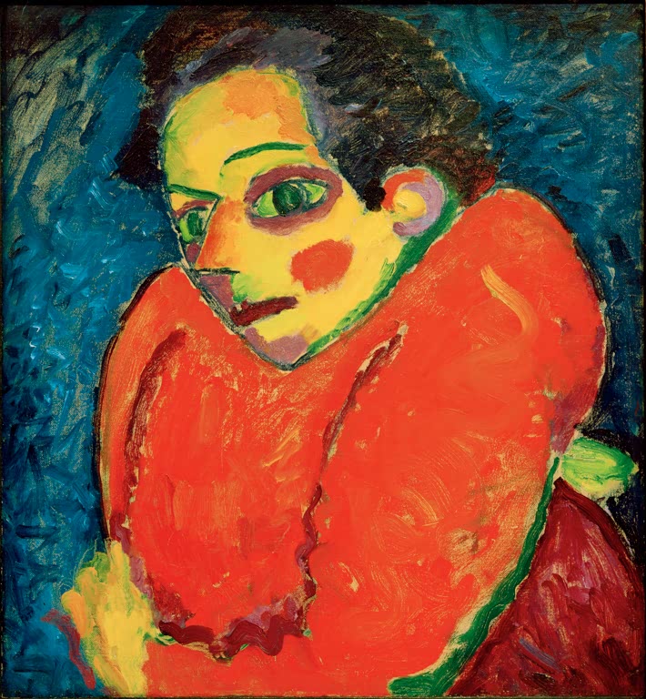 Alexej von Jawlensky Der Buckel I Kunstkopie: Gebeugte Figur in orangeroter Jacke mit gelbem Gesicht vor Dunkelblau