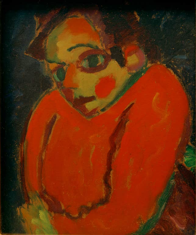 Alexej von Jawlensky Der Buckel Kunstkopie: Gebeugte Figur in orangeroter Kleidung vor dunklem Grund