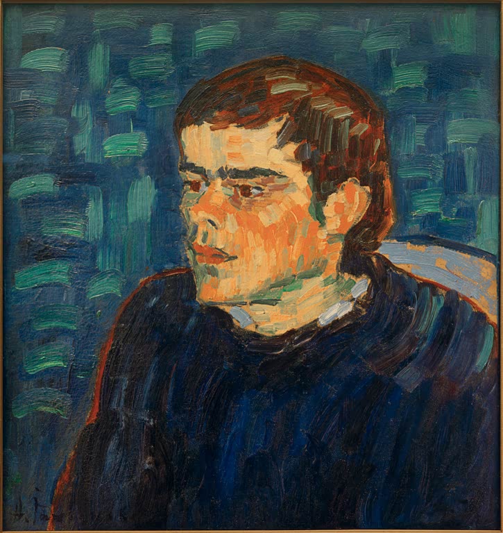 Junger Mann mit braunem Haar und dunklem Pullover vor blaugrünem Grund – Alexej von Jawlensky Der Bucklige Kunstkopie