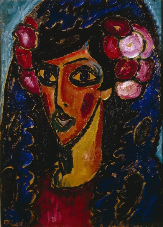 Frau mit dunklem Lockenhaar und Rosen im Haar vor Dunkelblau – Alexej von Jawlensky Die blaue Mantilla Kunstkopie