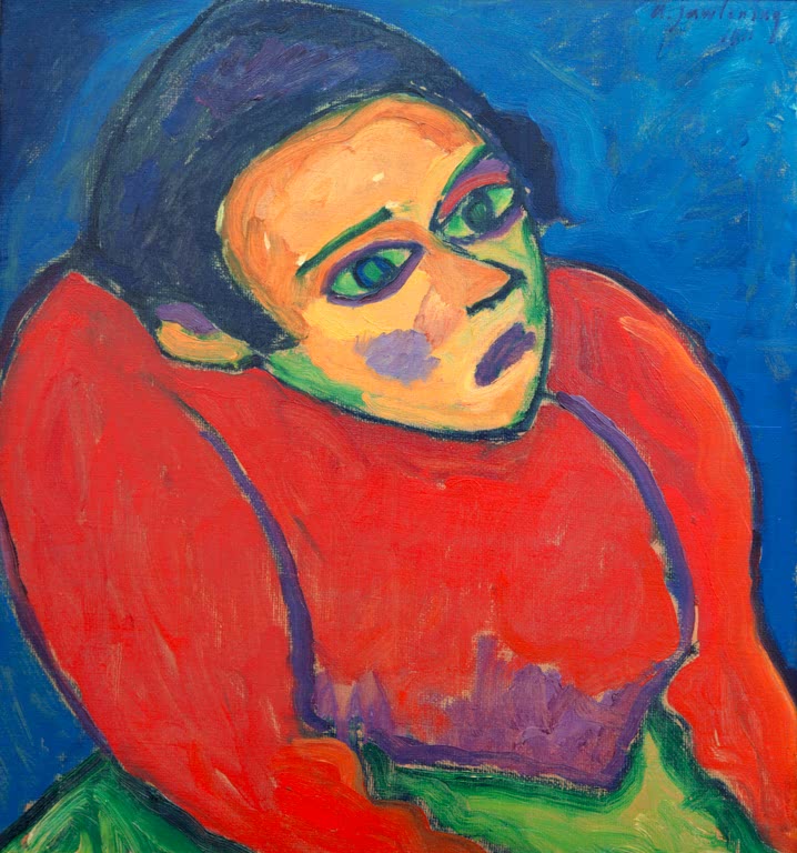 Gebeugte Frau in roter Bluse vor leuchtend blauem Hintergrund – Alexej von Jawlensky Die Bucklige Kunstkopie